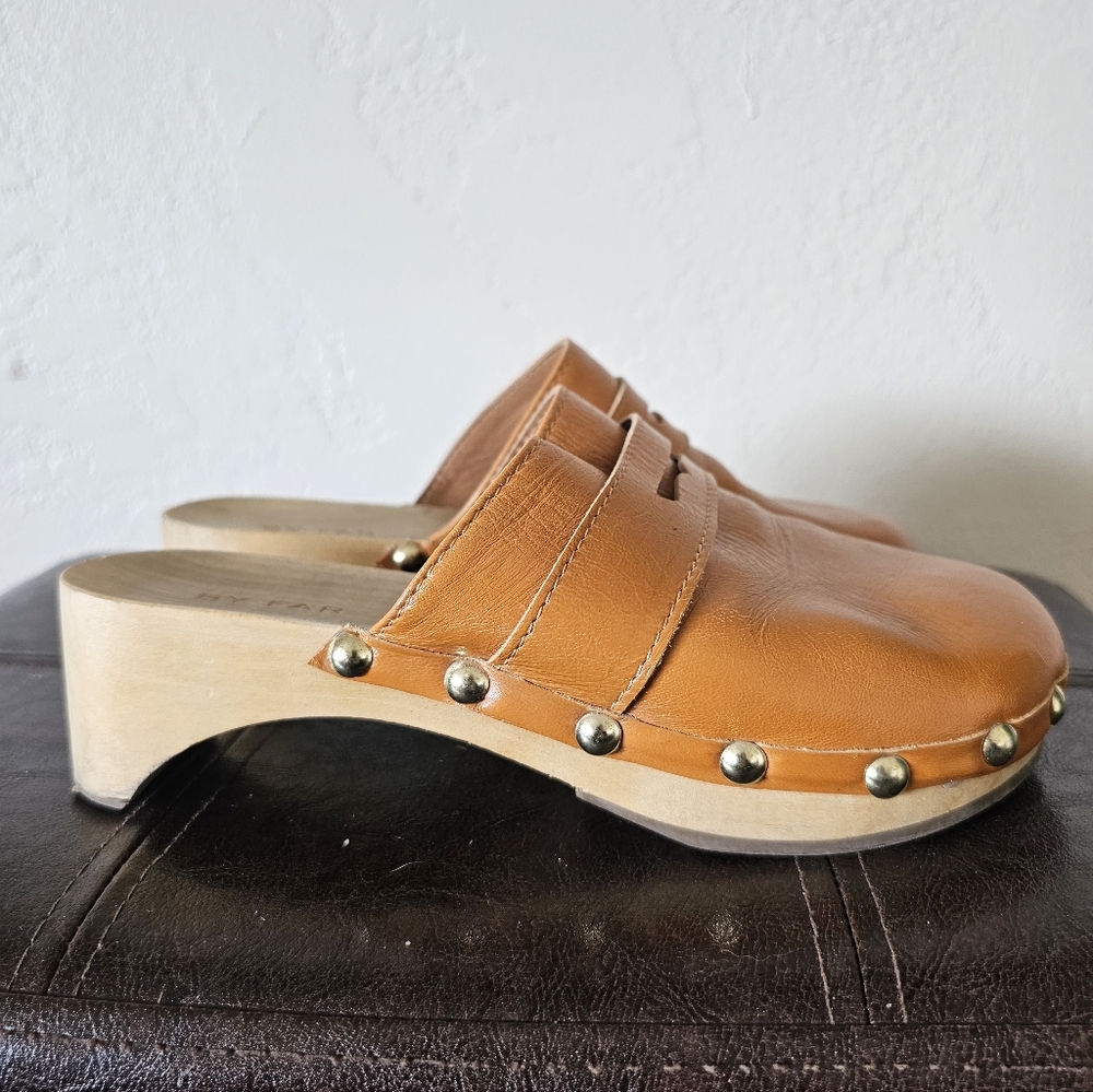 BY FAR Hans Tan Orange Wooden Leather Effortless Boho Chic Clogs Sz EU 36 - Picture 5 of 12